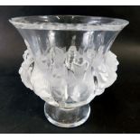 A 20thC Lalique France glass vase, of inverted bellied form, raised with birds on circular foot, scr