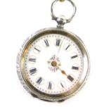An early 20thC white metal fob watch, the etched shell case marked 0935 with a fancy 3cm diameter Ro