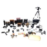 Various cameras, related equipment, and other accessories, tripods, various cased cameras, Fuji and