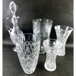 Various crystal glassware, vases etc, a ewer with shaped stopper, hobnail cut body and circular star