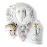 An Art Nouveau style wall hanging of a lady, 39cm high, similar decorated cherub ornaments and furth
