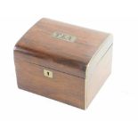 A Victorian rosewood and pewter strung tea caddy, with domed lid enclosing a painted wooden cover, 1