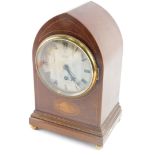 An Edwardian mahogany and inlaid mitre cased mantel clock, the 15cm diameter silvered Roman numeric