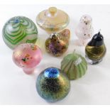 Various glassware, opalescent and other glass paperweights, Isle of Wight glass mushroom in pink wit
