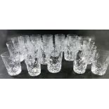 Various crystal drinking glasses, a set of ten crystal whisky tumblers, other similar glasses, 9cm h