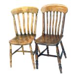 Two 19thC ash and elm lath back kitchen dining chairs, with comb tops, on turned legs, 89cm high, et