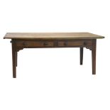 A 19thC elm refectory table, with boarded top, frieze drawers and dummy sides, on square taper legs,