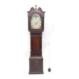 A 19thC moon rolling longcase clock, the painted arched Roman numeric dial with a painted arch, 31cm