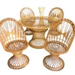 A painted wire work patio set, comprising four hoop back chairs, circular table, and wine cooler sta