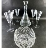 Various glassware, a drinks set with decanter, 34cm high, and flutes, and a cut glass bowl, unmarked