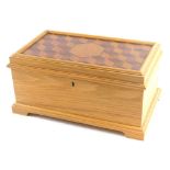 A teak and cubed parquetry jewellery box, the galleried lid with central oak hexagonal cartouche, 41