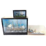 A cased model of a ship, with realistic deck and rigging, in glass fronted case, 34cm high, 49cm wid