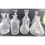 Various cut glass and other decanters, one with compressed floral stopper, 27cm high, engraved ship'