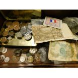 Various coins and banknotes, GB and world used, to include France, USA, New Zealand, etc., Victorian