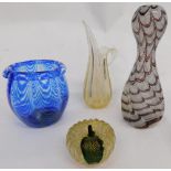 Various glassware, a decanter vase in the Nailsea style, with a swirl pattern on a clear and milk gl