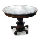 A Louis Philippe French Empire style library or centre table, the circular grey marble top with a mo