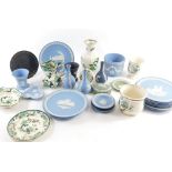 Various Masons Ironstone, Wedgwood blue Jasperware etc., a Jasperware jardiniere decorated with garl