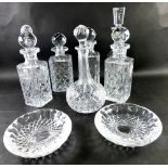 Various crystal decanters, to include a matched set, a mallet shaped decanter, 36cm high, other crys