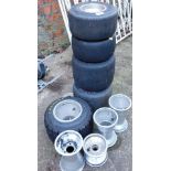 A group of Go-Karting alloys and wheels, to include Dunlop 11.5 x 7.10-6, four Kfia carting alloys w