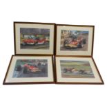 After Michael Turner. A set of four framed Team Lotus rally and F1 car prints, 21cm x 28cm, framed a