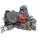 A collection of motorcycle accessories, to include leather gloves, ruck sacks, hats, bags, knee pads