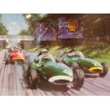 After Nicholas Watts, British Racing Green, coloured print, signed by Sir Stirling Moss, Tony Brooks
