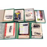 A collection of car brochures, including Mercedes, Vauxhall, Morris, Jaguar, Lancia, Marco, etc., an