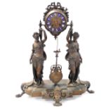 A 19thC French bronzed spelter figural clock, the dial with blue and white enamel Roman numerals, su