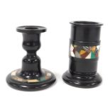A Victorian slate and micro mosaic candlestick, 10cm high, and a similar slate and micro mosaic spil