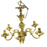 A heavy brass six branch pendant light fitting, with knopped stem and acanthus capped scrolling bran