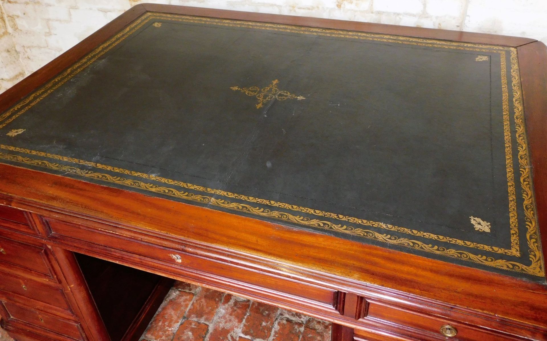 A Victorian mahogany partner's desk, with gilded leather skiver, frieze drawers, and two pedestals w - Image 2 of 2