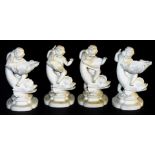 Four late 19thC Minton parian table salts, each formed as a putto and dolphin, with a shell shaped b