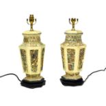 A pair of Chinese simulated ivory hexagonal table lamps, of baluster form, decorated with panels of
