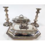 A pair of Victorian silver plated entree dishes and covers, of octagonal form, with gadrooned detail