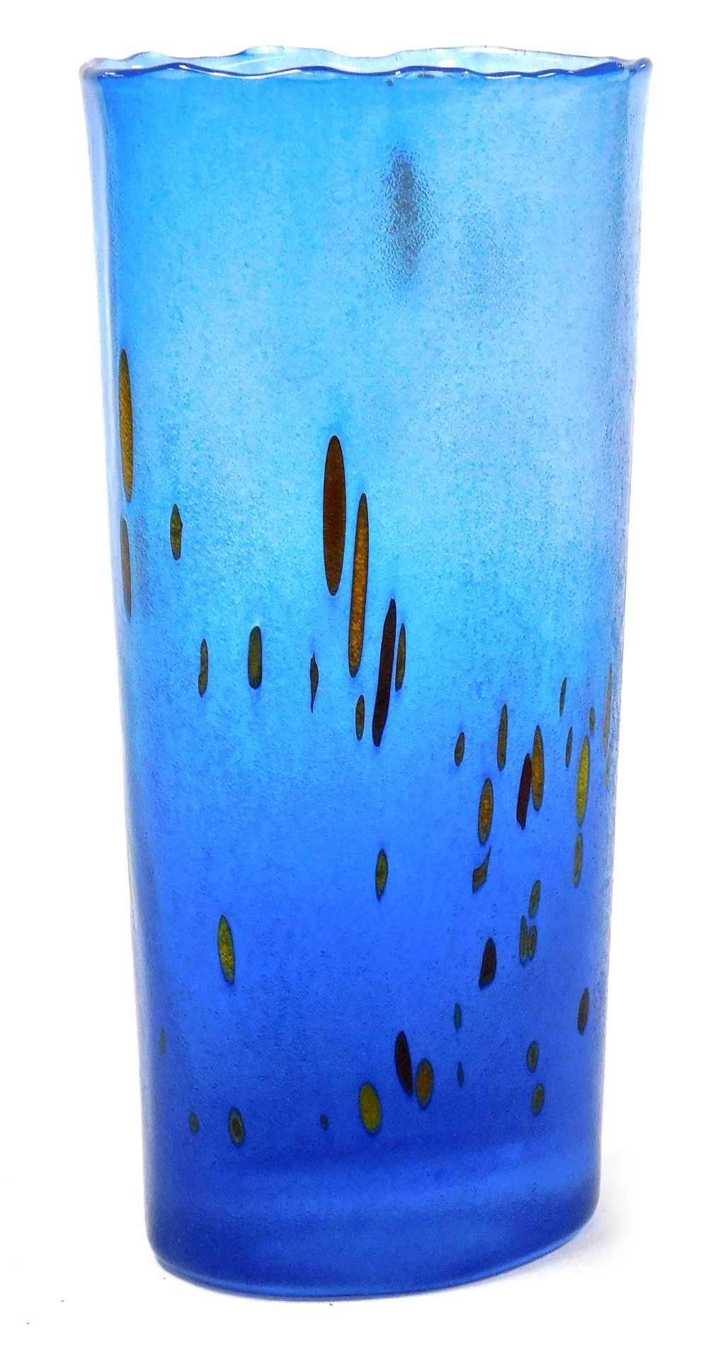A Kosta Boda blue glass vase, of compressed cylindrical form, with flashes of browns and yellows, si