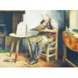 A. Johnson (early 20thC School). Study of a clock restorer, seated holding bellows beside a table wi