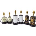 Three pairs of Chinese ceramic table lamps, in varying styles.