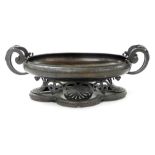 An early 20thC French bronze oval jardiniere table centre, with scrolling handles and engraved with