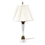 A glass column table lamp, with gilt metal Corinthian capital and octagonal base, with pleated silk