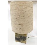 A late 20thC studio pottery table lamp, of cube form, with engraved diamond banding, with an oatmeal