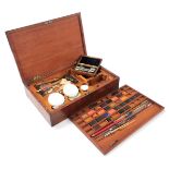 A 19thC mahogany artist's paint box, the hinged lid enclosing divisions for watercolour paints, mixi