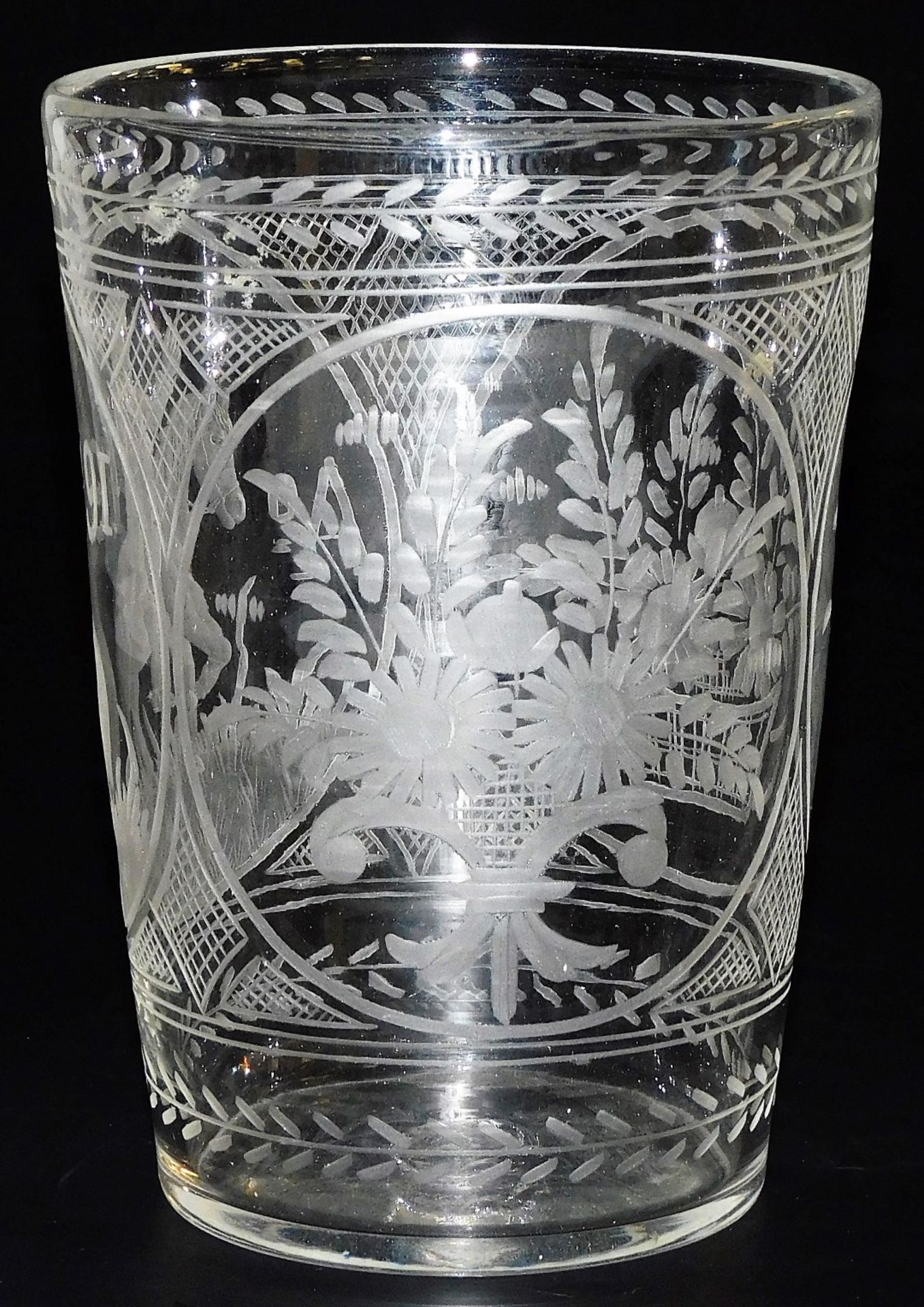 A late 18thC glass vase, the central roundel engraved with a figure on a horse, and AD1791, flanked - Image 2 of 2