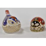 Two Royal Crown Derby porcelain paperweights, modelled as a goldcrest, with gold stopper, and ladybi