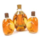 Three bottles of Dimple old blended Scotch whisky, 21cm high (1), and 17cm high (2).