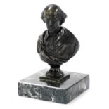 A 19thC bronze bust of William Shakespeare, mounted on a square marble plinth, 13cm high.