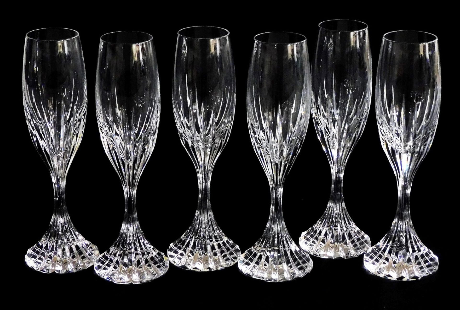 A set of six Baccarat Massena pattern champagne flutes, 22cm high.