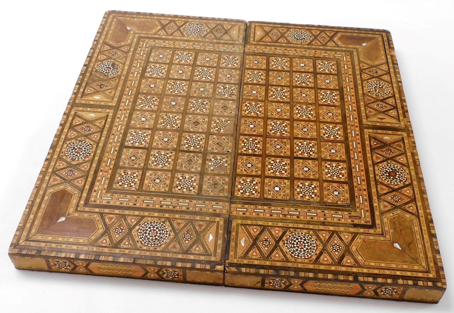 A Moorish inlaid backgammon box, profusely inlaid with finely detailed parquetry panelling and with - Image 3 of 5