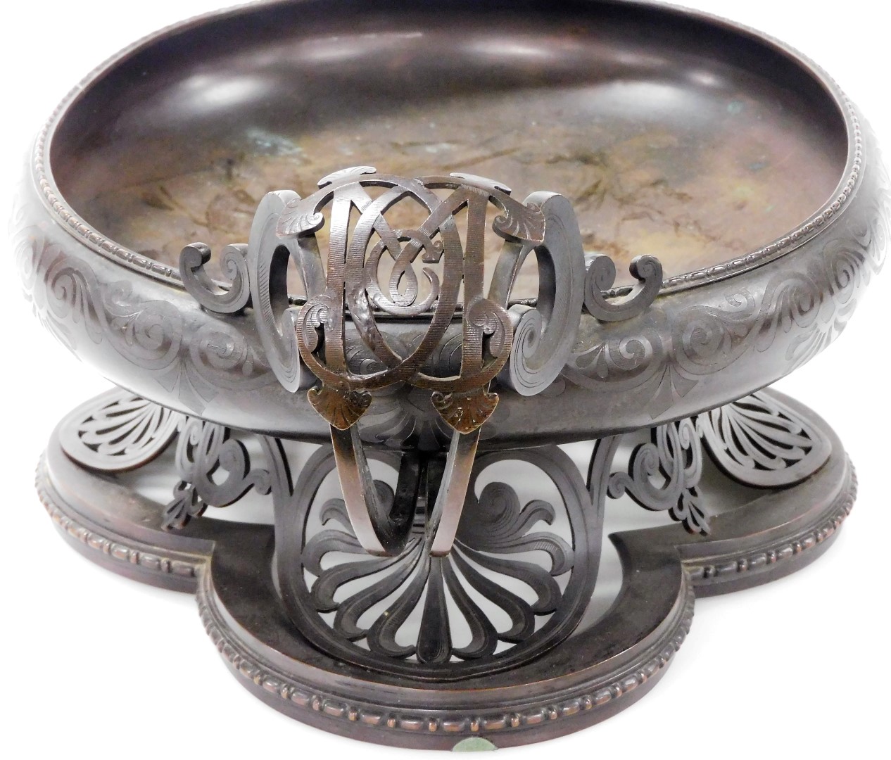 An early 20thC French bronze oval jardiniere table centre, with scrolling handles and engraved with - Image 2 of 4