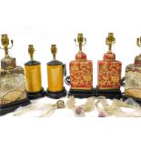 Three pairs of Chinese ceramic table lamps, in varying styles.