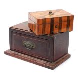 A fruitwood and rosewood parquetry inlaid musical box, the top decorated with a stylised sunburst an